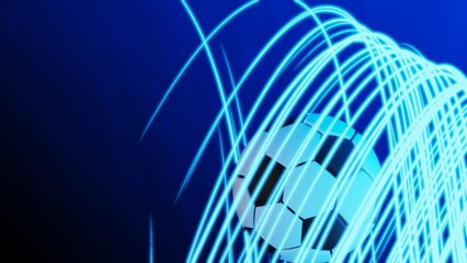 Black-white soccer ball with blue illuminated spiral laser beam particles under black-blue lighting background. 3D illustration. 3D high quality rendering. 3D CG.