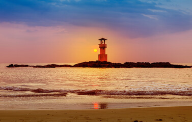 Light house at Nang thong beach in Khao Lak, Phang nga, Thailand, sunset at the beach