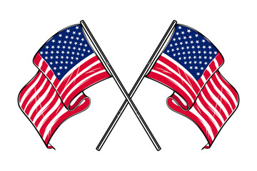 Illustration of crossed american flags. Design element for poster, card, banner, sign, logo. Vector illustration