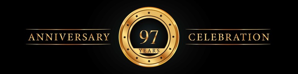 97 years anniversary golden label. Poster Design for anniversary event party, wedding, birthday party, greetings and invitation card. 97 years anniversary celebration design vector.