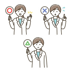 まるとばつとさんかくの札を持った白衣を着た女性のイラスト（肌色なしバージョン）