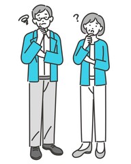 悩んだり疑問を持つシニア夫婦のベクターイラスト素材／悩む／解決／老夫婦