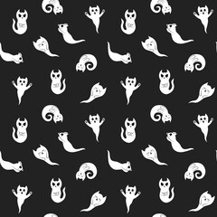Cute cat ghosts seamless pattern. Halloween fun ghost kittens