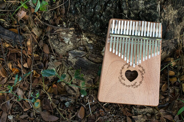 Hand playing kalimba or mbira is an African musical instrument.made from wooden board with...