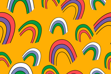 vector pattern of hand drawn trendy cartoon elements, rainbow icons with different colors, summer retro print