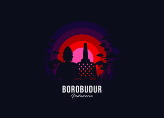 Borobudur on Indonesia symbol. Modern moonlight logo of largest country vector illustration. Landscape design of memorial place illustration. Eps 10