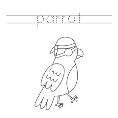 Trace the letters and color cute parrot. Handwriting practice for kids.