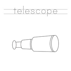 Trace the letters and color telescope. Handwriting practice for kids.
