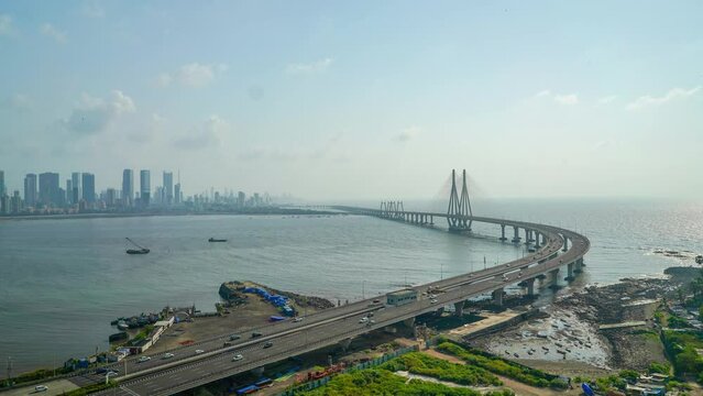 Bandra Worli Sea Link Arial Timelpase Video With Mumbai Skyline and Moving Sky India
