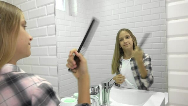 Girl Brushing Hair in Mirror, Adolescent Kid Hair Dressed in Bathroom, Young Blonde Child Combing, Hairstyle Beauty Industry