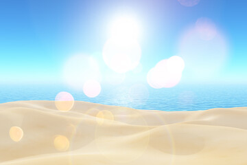 Fototapeta na wymiar 3D sunny beach scene with bokeh lights