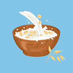 Oat flakes and splashing milk. Vector cereal breakfast. Cartoon bowl with healthy food.
