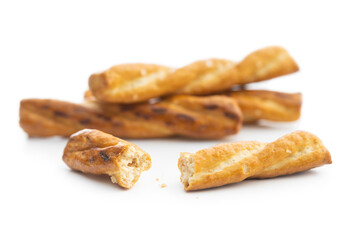 Salted pretzel sticks. Salted crackers isolated on white background.