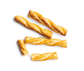 Salted pretzel sticks. Salted crackers isolated on white background. - obrazy, fototapety, plakaty