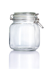 Empty clear glass jar in front view, and reflection isolated on white background, Suitable for Mock up creative graphic design, clipping path.