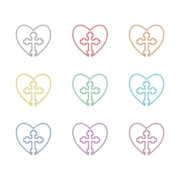 Christian cross heart icon isolated on white background. Set icons colorful