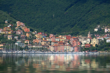 View towards Fezzano from the boat, near La Spezia, in Italy.