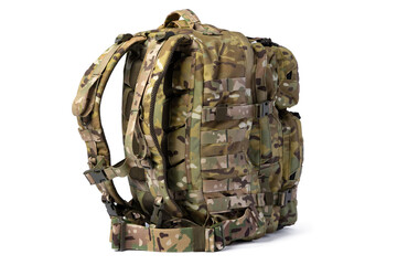 Military backpack isolated on a white background. - obrazy, fototapety, plakaty