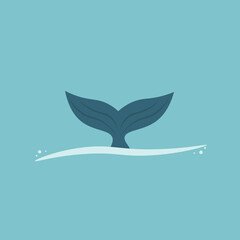 blue Whale tail animal cartoon art isolated logo diving in water. wave or sea symbol or icon sign vector flat design. graphic illustration vacation & holiday underwater for print