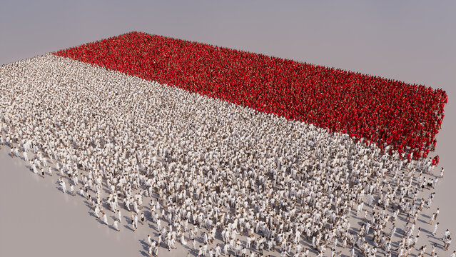 Aerial view of a Crowd of People, gathering to form the Flag of Indonesia. Indonesian Banner on White Background.