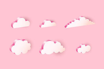 3D pink clouds. Realistic icon set, geometric shapes in sunset sky, communication balloon, web internet symbol, meteorology climate element, decorative objects vector isolated illustration