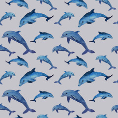 Seamless watercolor pattern of dolphins on gray field. Ocean animal family background. Animal in cartoon style. Design for covers, backgrounds, decorations, stickers, labels.