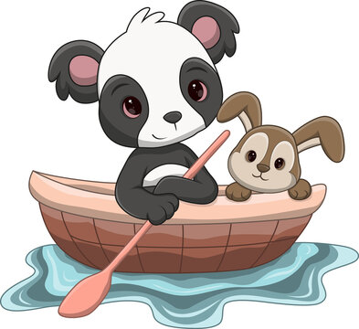 Cute panda and bunny cartoon on the boat