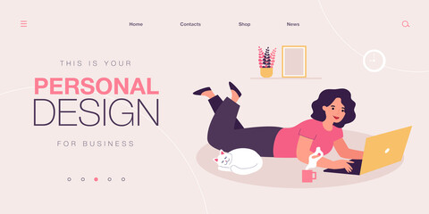 Happy cartoon woman chatting, working, surfing internet at home. Flat vector illustration. Girl doing remote work, lying on floor at cozy living room with laptop and cat. Freelance job concept