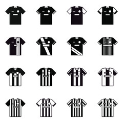 Sixteen vector templates of black football jerseys on a white background