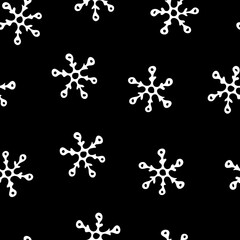 Seamless Pattern with White Snowflakes on Black Background. Abstract Hand-Drawn Doodle Snowflakes.