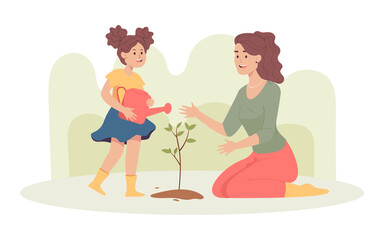 Mother and daughter watering tree flat vector illustration. Happy child holding watering pot, taking care of plant growing in garden, spending time with parent. Ecology, family, gardening concept