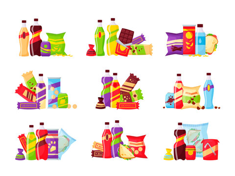 Snack set, fast food and drinks products. Beverage bottles, sandwith in pack, soda and juice for vending machine. Food store elements for lunch box or market design, cartoon style vector