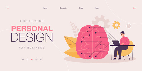 Programmer with computer learning AI. Data, brain with digital circuit flat vector illustration. Artificial intelligence, technology concept for header banner, website design or landing web page