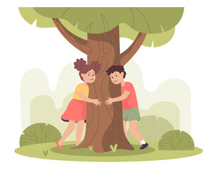 Happy boy and girl hugging tree flat vector illustration. Cute kids spending time in forest or park together. Nature, friendship, environment, ecology, protection concept