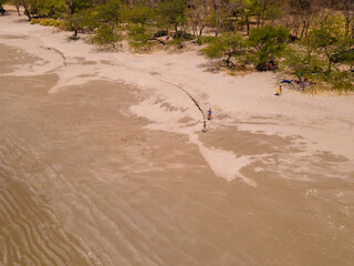 Beautiful aerial view of Costa Rica Beach Playa Rajada in Cuajiniquil Guanacaste in magical yellow sunset