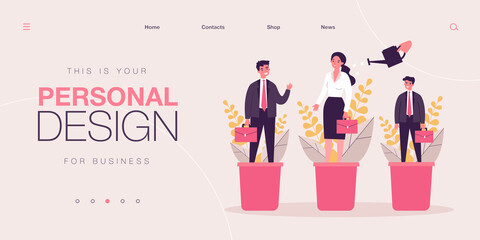 Career training concept. Employees standing in flowerpots, hand watering plants and people. Vector illustration for business professionals growth and development topics