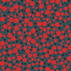 Simple vintage pattern. Red flowers, dark blue leaves. green background. Fashionable print for textiles and wallpaper.