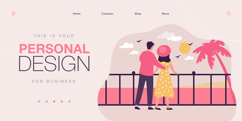 Cartoon tourist couple hugging and enjoying seascape at sunset. Flat vector illustration. Man and woman standing on seafront and admiring view. Tourism, romantic vacation, seaside resort concept