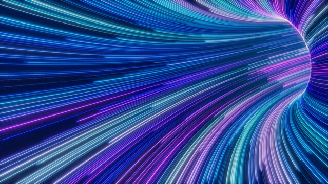 Abstract Neon Lights Tunnel with Lilac, Turquoise and Blue Swirls. 3D Render.