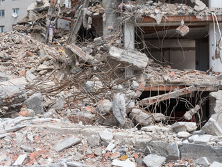 ruined concrete debris background. Front view