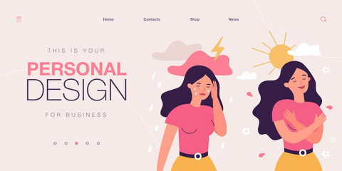 Cartoon woman in bad and good mood flat vector illustration. Girl in stress of premenstrual syndrome and calm state of mind. PMS, woman and mental health problems concept for landing page, design