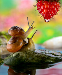 Two snails try to reach a bright red color wild berry in a colorful dreamy background 