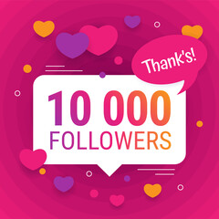 Square banner 10 000 followers, on a pink background with hearts. Social media poster