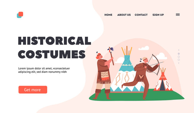 Historical Costumes Landing Page Template. Kids Playing American Indians on Field with Wigwam Tent, Children Fun