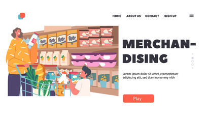 Merchandising Landing Page Template. Happy Mother with Little Son Making Purchases in Store, Family in Supermarket