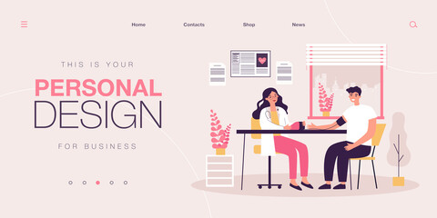 Female doctor measuring blood pressure of patient at clinic. Ill or sick person sitting at physicians office, getting consultation. Cartoon vector illustration. Cardiology, hospital or medical concept