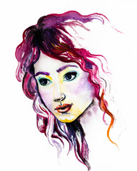 Illustration of beautiful girl with long curly pink hair. Hand painted watercolor artwork.  