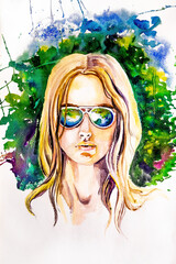 Illustration of beautiful blond girl wearing sunglasses on colorful natural background. Hand painted watercolor artwork.   - 512270398