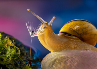 a cute snail tries to drink dew in a dandelion seed in beautiful blue and pink color background