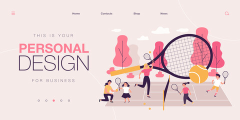 Coaches and children playing at tennis court. Adults teaching kids play tennis with rackets and balls in summer camp. Sport, group activity, training and education flat vector colorful illustration